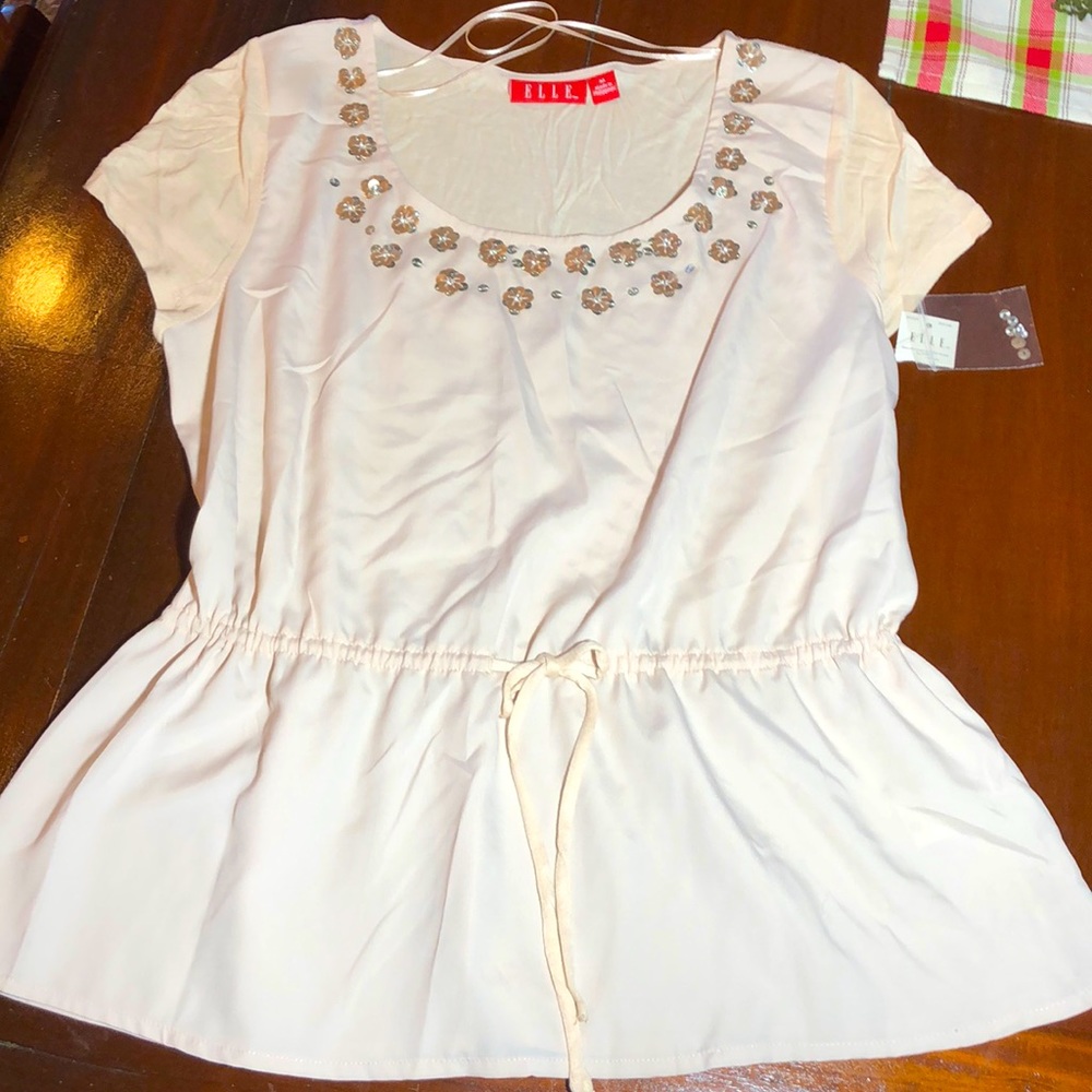 Elle Short Sleeve Top, Sequin Trim, Blush, Size M, NWT